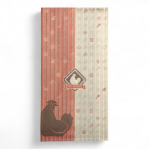 Slim rectangular packaging with orange and beige striped panels, a rooster logo and 'RÔTISSERIE' badge near the lower center, plus small food icons across the surface.